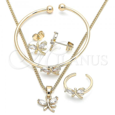 Oro Laminado Earring and Pendant Children Set, Gold Filled Style Dragon-Fly Design, with White Cubic Zirconia, Polished, Golden Finish, 06.210.0020.1
