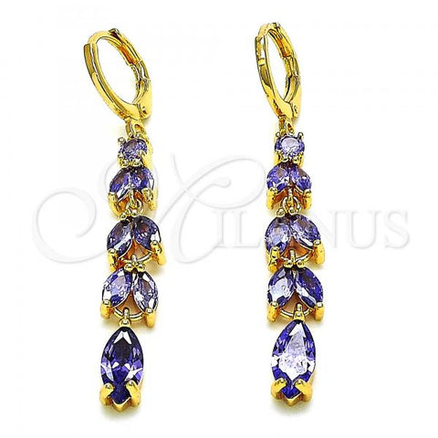 Oro Laminado Long Earring, Gold Filled Style Leaf Design, with Amethyst Cubic Zirconia, Polished, Golden Finish, 02.210.0827.1