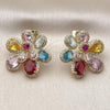 Oro Laminado Stud Earring, Gold Filled Style Flower and Teardrop Design, with Multicolor Cubic Zirconia and White Micro Pave, Polished, Golden Finish, 02.436.0010