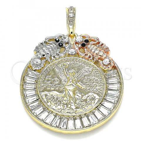Oro Laminado Religious Pendant, Gold Filled Style Centenario Coin and Angel Design, with White and Black Crystal, Polished, Tricolor, 05.380.0031