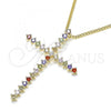 Oro Laminado Pendant Necklace, Gold Filled Style Cross Design, with Multicolor Micro Pave, Polished, Golden Finish, 04.284.0024.3.18