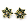 Oro Laminado Stud Earring, Gold Filled Style Flower Design, with Green and White Crystal, Polished, Golden Finish, 02.64.0639.3