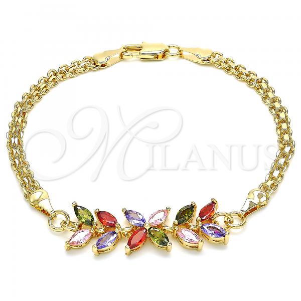 Oro Laminado Fancy Bracelet, Gold Filled Style Flower and Leaf Design, with Multicolor Cubic Zirconia, Polished, Golden Finish, 03.63.2129.2.07