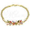 Oro Laminado Fancy Bracelet, Gold Filled Style Flower and Leaf Design, with Multicolor Cubic Zirconia, Polished, Golden Finish, 03.63.2129.2.07