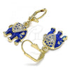 Oro Laminado Dangle Earring, Gold Filled Style Elephant Design, with White Crystal, Blue Enamel Finish, Golden Finish, 02.351.0058.4