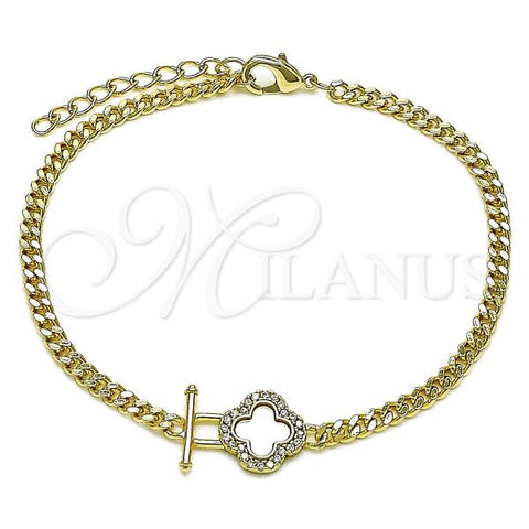 Oro Laminado Fancy Bracelet, Gold Filled Style Four-leaf Clover and Miami Cuban Design, with Ivory Mother of Pearl and White Micro Pave, Polished, Golden Finish, 03.213.0319.07