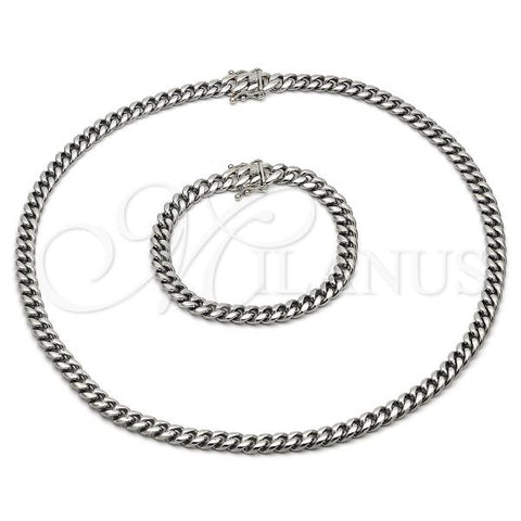 Stainless Steel Necklace and Bracelet, Miami Cuban Design, Polished, Steel Finish, 06.116.0037