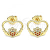 Oro Laminado Stud Earring, Gold Filled Style Heart Design, with Garnet Micro Pave, Polished, Golden Finish, 02.156.0442.2