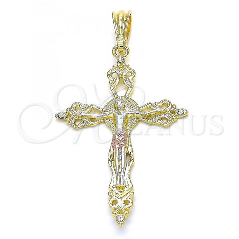 Oro Laminado Religious Pendant, Gold Filled Style Crucifix Design, with White Crystal, Polished, Tricolor, 05.351.0160