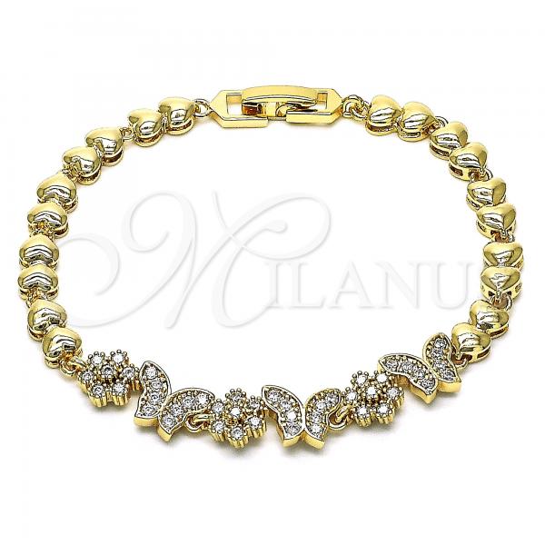 Oro Laminado Fancy Bracelet, Gold Filled Style Butterfly and Flower Design, with White Cubic Zirconia, Polished, Golden Finish, 03.283.0167.07