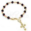 Oro Laminado Bracelet Rosary, Gold Filled Style Caridad del Cobre and Crucifix Design, with Black and Orange Red Azavache, Polished, Golden Finish, 09.63.0110.08