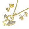 Oro Laminado Earring and Pendant Adult Set, Gold Filled Style Angel and Heart Design, with White Micro Pave, Polished, Golden Finish, 10.156.0388