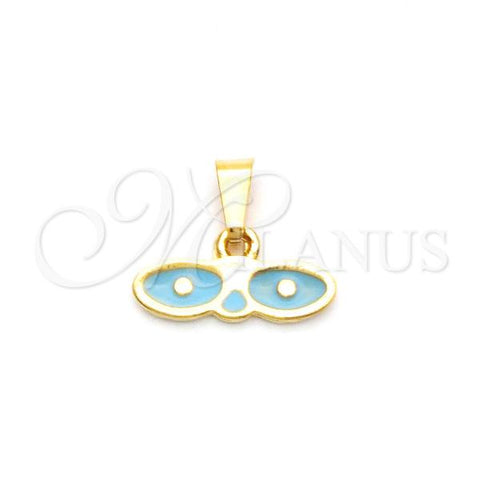 Oro Laminado Religious Pendant, Gold Filled Style Evil Eye Design, Blue Enamel Finish, Golden Finish, 05.02.0066.2