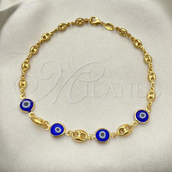Oro Laminado Fancy Anklet, Gold Filled Style Puff Mariner and Evil Eye Design, Polished, Golden Finish, 03.32.0623.10