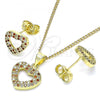 Oro Laminado Earring and Pendant Adult Set, Gold Filled Style Heart Design, with Garnet and White Micro Pave, Polished, Golden Finish, 10.199.0156.1