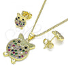 Oro Laminado Earring and Pendant Adult Set, Gold Filled Style Owl Design, with Multicolor Micro Pave, Polished, Golden Finish, 10.156.0343.1