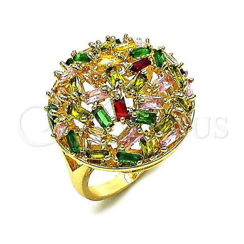 Oro Laminado Multi Stone Ring, Gold Filled Style Baguette Design, with Multicolor Cubic Zirconia, Polished, Golden Finish, 01.266.0073