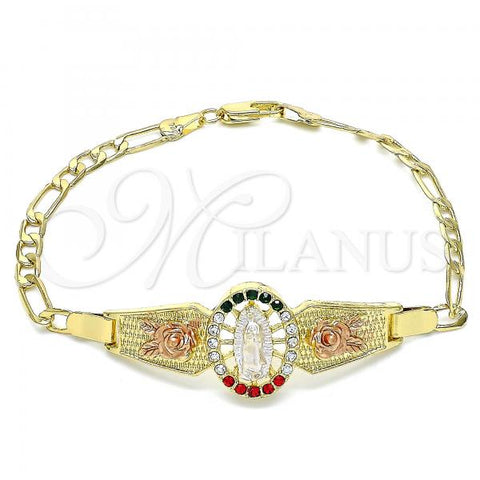 Oro Laminado Fancy Bracelet, Gold Filled Style Guadalupe and Flower Design, with Multicolor Crystal, Polished, Tricolor, 03.380.0085.1.08