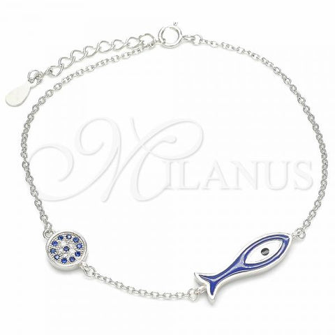 Sterling Silver Fancy Bracelet, Fish Design, with Sapphire Blue and White Micro Pave, Blue Enamel Finish, Rhodium Finish, 03.336.0078.07