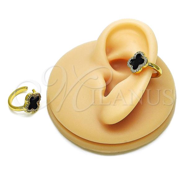 Oro Laminado Earcuff Earring, Gold Filled Style Four-leaf Clover Design, with White Micro Pave, Black Enamel Finish, Golden Finish, 02.341.0229.1.15