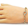 Oro Laminado Fancy Bracelet, Gold Filled Style Mariner and Puff Mariner Design, with White Micro Pave, Polished, Golden Finish, 03.213.0387.07