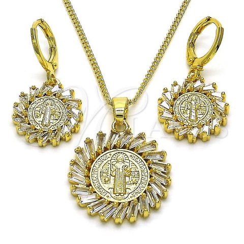 Oro Laminado Earring and Pendant Adult Set, Gold Filled Style San Benito and Baguette Design, with White Cubic Zirconia, Polished, Golden Finish, 10.316.0075