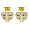 Oro Laminado Stud Earring, Gold Filled Style Heart Design, with Ruby and White Micro Pave, Polished, Golden Finish, 02.344.0085.1