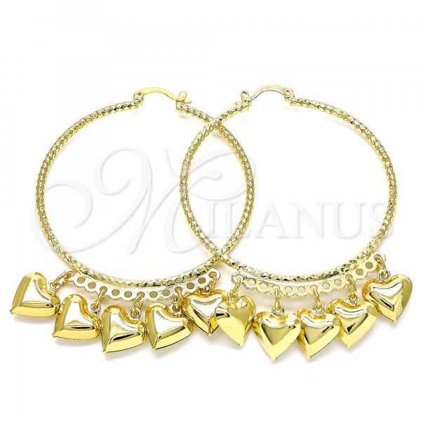 Oro Laminado Large Hoop, Gold Filled Style Heart Design, Diamond Cutting Finish, Golden Finish, 02.380.0022.1.50