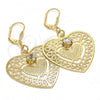 Oro Laminado Dangle Earring, Gold Filled Style Heart Design, with White Crystal, Diamond Cutting Finish, Golden Finish, 69.013