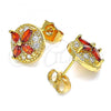 Oro Laminado Stud Earring, Gold Filled Style Flower Design, with Garnet and White Cubic Zirconia, Polished, Golden Finish, 02.387.0034