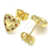 Oro Laminado Stud Earring, Gold Filled Style Heart Design, with Garnet and White Micro Pave, Polished, Golden Finish, 02.233.0048.1