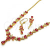 Oro Laminado Necklace and Earring, Gold Filled Style Teardrop and Leaf Design, with Ruby and White Cubic Zirconia, Polished, Golden Finish, 06.221.0004