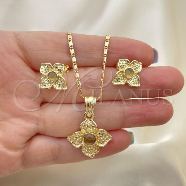 Oro Laminado Earring and Pendant Adult Set, Gold Filled Style Flower Design, with Coffee Crystal, Polished, Golden Finish, 10.160.0098