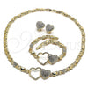 Oro Laminado Necklace, Bracelet and Earring, Gold Filled Style Heart and Hugs and Kisses Design, with White Crystal, Polished, Golden Finish, 06.372.0005