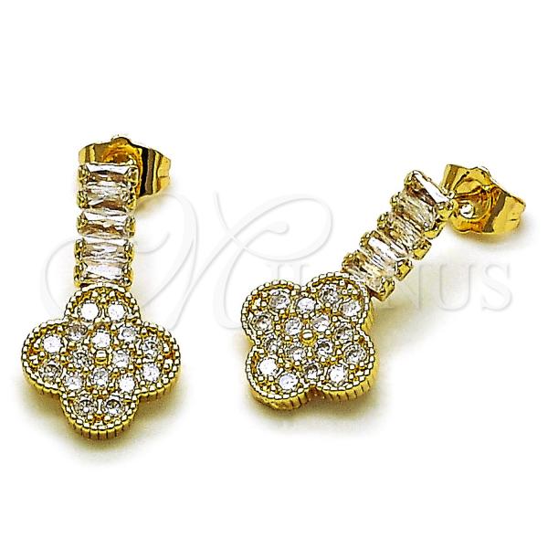 Oro Laminado Stud Earring, Gold Filled Style Four-leaf Clover and Baguette Design, with White Cubic Zirconia, Polished, Golden Finish, 02.283.0246