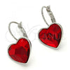 Rhodium Plated Leverback Earring, Heart Design, with Light Siam Swarovski Crystals, Polished, Rhodium Finish, 02.239.0013.5