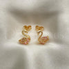 Oro Laminado Stud Earring, Gold Filled Style Swan Design, with Pink Cubic Zirconia, Polished, Golden Finish, 02.387.0002
