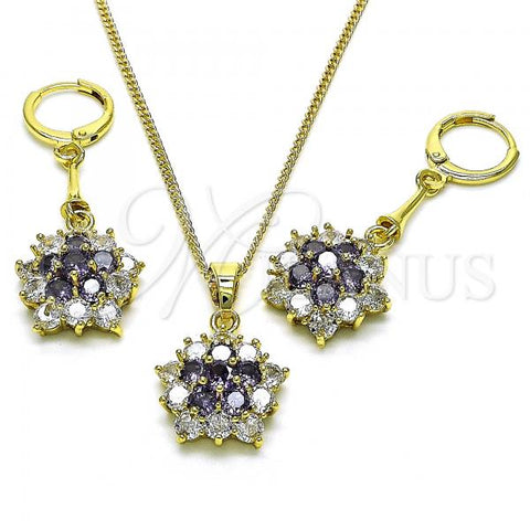 Oro Laminado Earring and Pendant Adult Set, Gold Filled Style Flower Design, with Amethyst and White Cubic Zirconia, Polished, Golden Finish, 10.387.0010.2