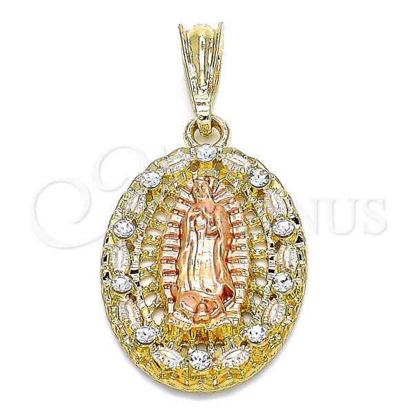Oro Laminado Religious Pendant, Gold Filled Style Guadalupe Design, with White Crystal, Polished, Tricolor, 05.380.0045