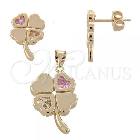 Oro Laminado Earring and Pendant Adult Set, Gold Filled Style Flower and Heart Design, with Multicolor Cubic Zirconia, Polished, Golden Finish, 10.65.0593.1