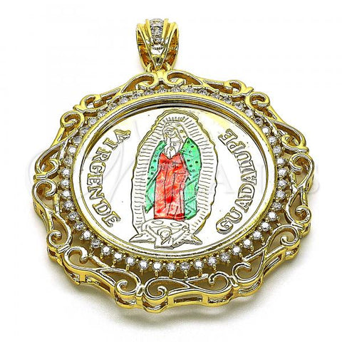 Oro Laminado Religious Pendant, Gold Filled Style Guadalupe and Centenario Coin Design, with White Cubic Zirconia, Polished, Tricolor, 05.380.0162