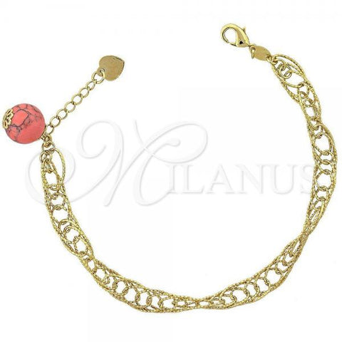 Oro Laminado Charm Bracelet, Gold Filled Style Ball Design, with Light Rhodolite Opal, Diamond Cutting Finish, Golden Finish, 5.037.007
