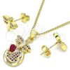 Oro Laminado Earring and Pendant Adult Set, Gold Filled Style Dragon-Fly and Heart Design, with Ruby Micro Pave, Polished, Golden Finish, 10.156.0270.1