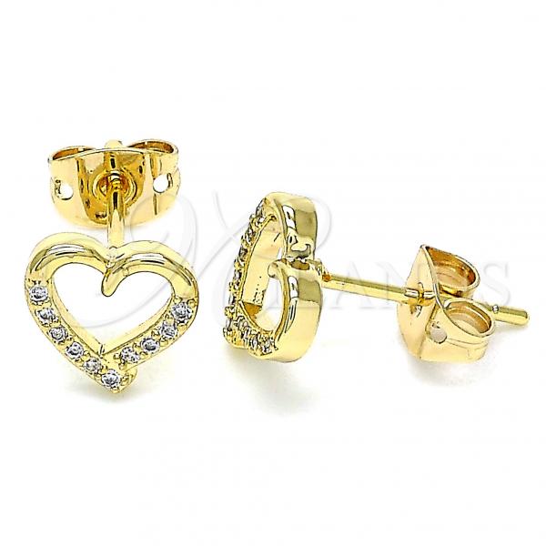 Oro Laminado Stud Earring, Gold Filled Style Heart Design, with White Micro Pave, Polished, Golden Finish, 02.342.0088