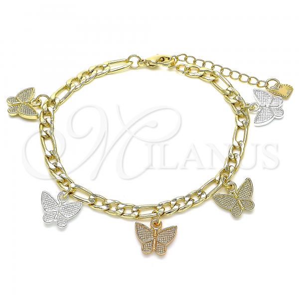 Oro Laminado Charm Bracelet, Gold Filled Style Butterfly Design, Polished, Tricolor, 03.351.0118.07