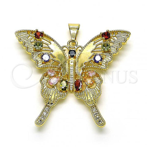 Oro Laminado Fancy Pendant, Gold Filled Style Butterfly Design, with Multicolor Cubic Zirconia, Polished, Golden Finish, 05.284.0001.2