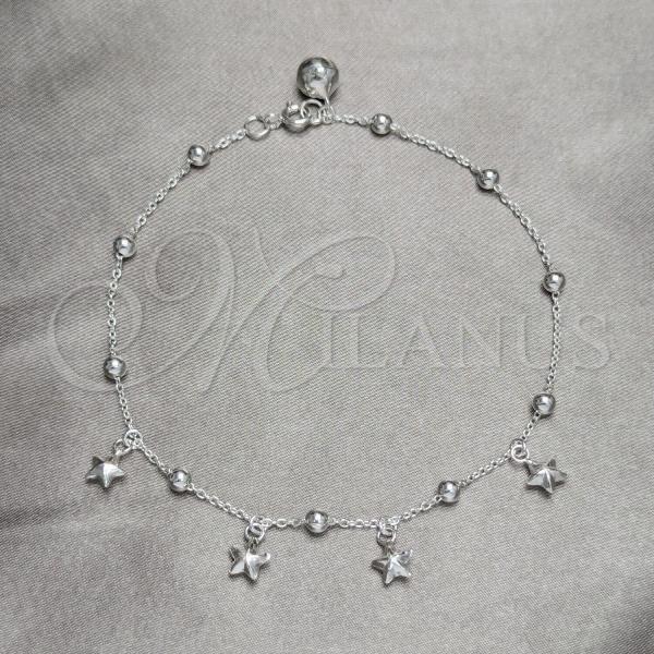 Sterling Silver Fancy Anklet, Star and Ball Design, Polished, Silver Finish, 03.409.0041.10