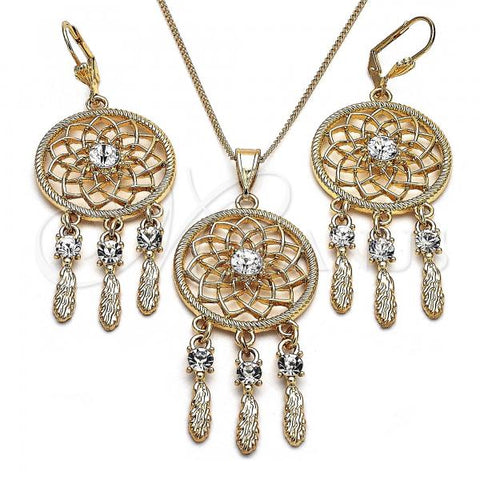 Oro Laminado Earring and Pendant Adult Set, Gold Filled Style Flower Design, with White Crystal, Polished, Golden Finish, 10.380.0009