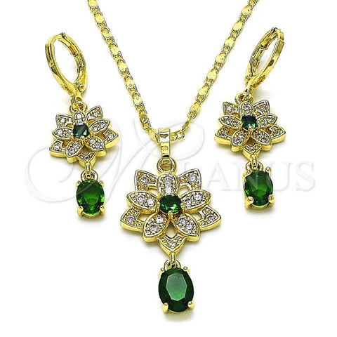 Oro Laminado Earring and Pendant Adult Set, Gold Filled Style Star and Flower Design, with White Micro Pave and Green Cubic Zirconia, Polished, Golden Finish, 10.196.0097