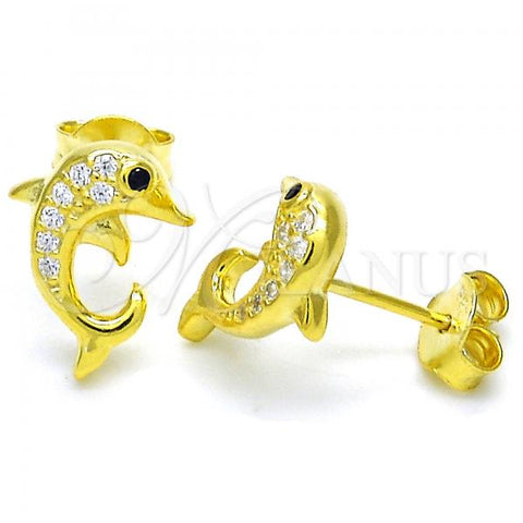 Sterling Silver Stud Earring, Dolphin Design, with Black and White Cubic Zirconia, Polished, Golden Finish, 02.336.0082.2